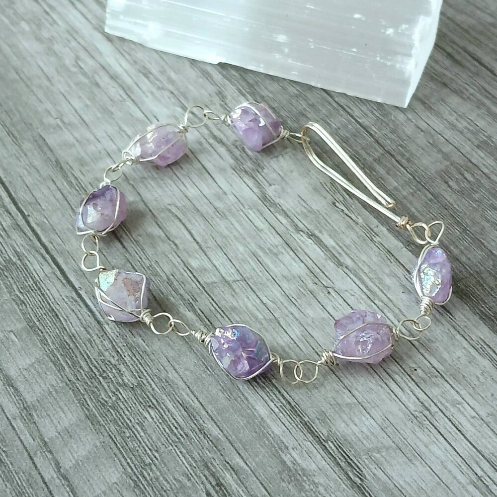 Aura Amethyst Crystal Bracelet, Wire Wrapped, 8" Boho Statement - Picture 3 of 8